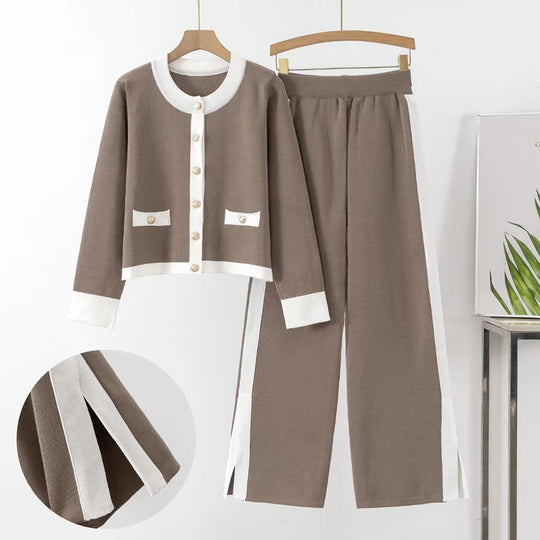 Damen Strick-Loungewear-Set mit dekorativen Knöpfen und seitlichem Schlitz R&B
