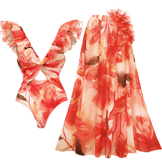 Damen Einteiler Badeanzug mit floralen Rüschendetails R&B