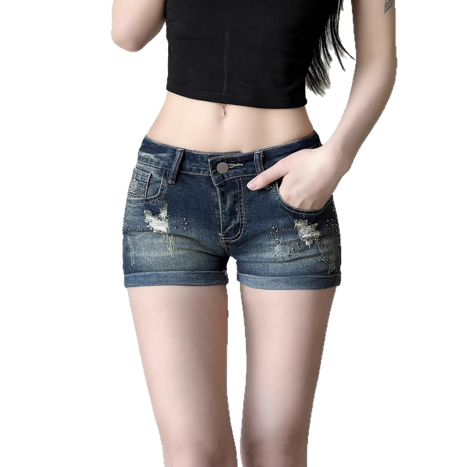 Damen Jeans-Shorts mit funkelnden Akzenten und modischem Design R&B