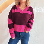 Damen Strickpullover mit modischen Streifen und V-Ausschnitt R&B