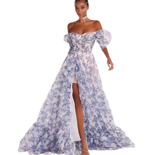 Damen Festliches Maxikleid mit schulterfreiem Design und floralen Rüschendetails R&B