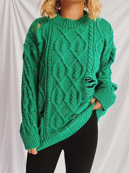 Damen Grobstrickpullover mit einzigartigem Zopfmuster und ausgefransten Details R&B