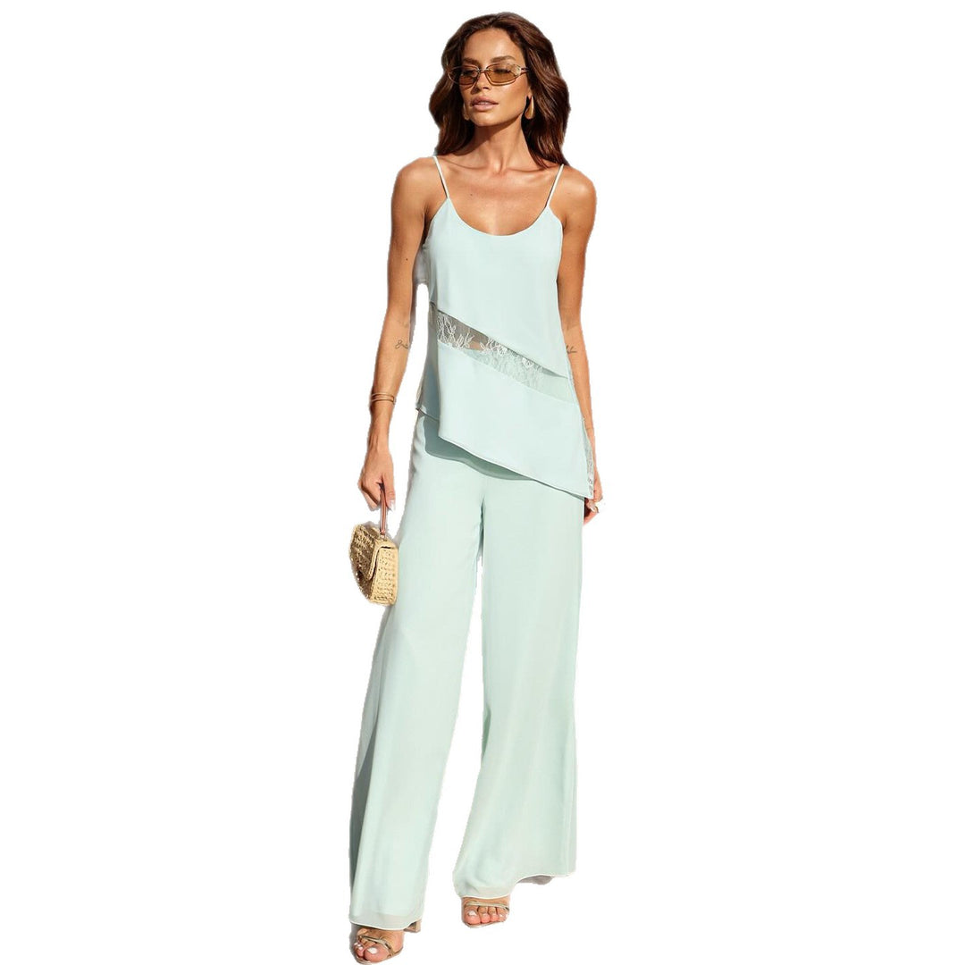 Damen elegantes Zweiteiler-Oberteil mit fließendem Schnitt und weiter Hose R&B