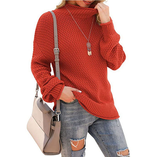 Damen Grobstrickpullover mit hohem Kragen und bequemen Ärmeln R&B