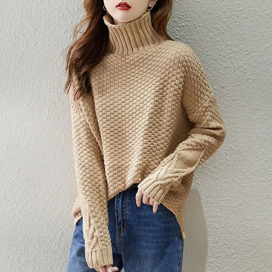 Damen Grobstrickpullover mit hohem Kragen und strukturiertem Design R&B