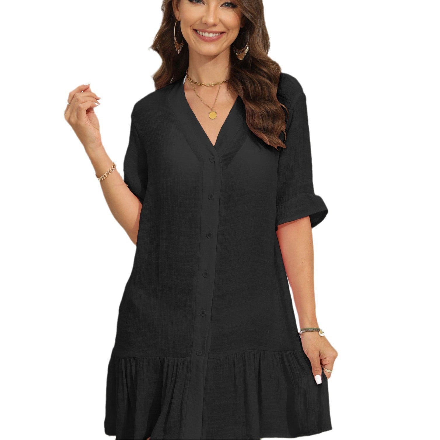 Damen sommerliches Strandkleid mit kurzen Ärmeln und Rüschensaum R&B