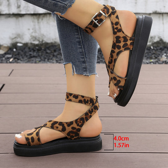 Damen Komfortable Plateau-Sandalen mit modischem Leopardenmuster und verstellbarem Riemendesign R&B