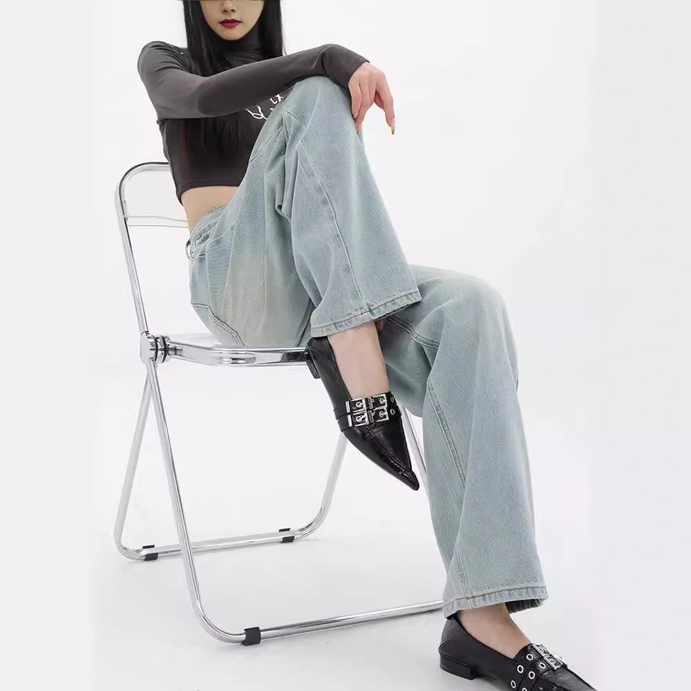 Damen Weit geschnittene Denim-Hose mit lässigem Design und hoher Taille R&B