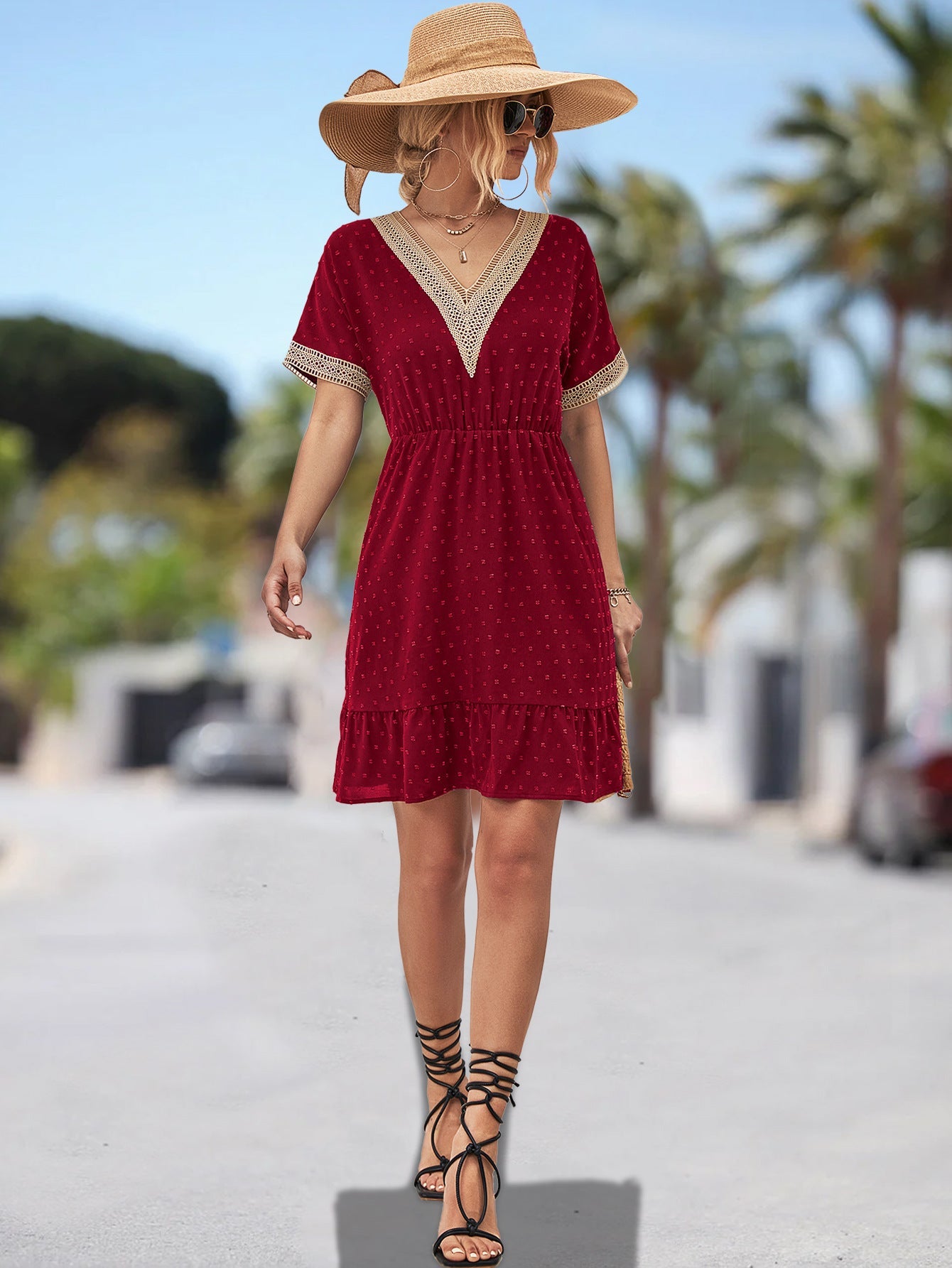 Damen Freizeitkleid mit V-Ausschnitt und Spitzenakzenten R&B