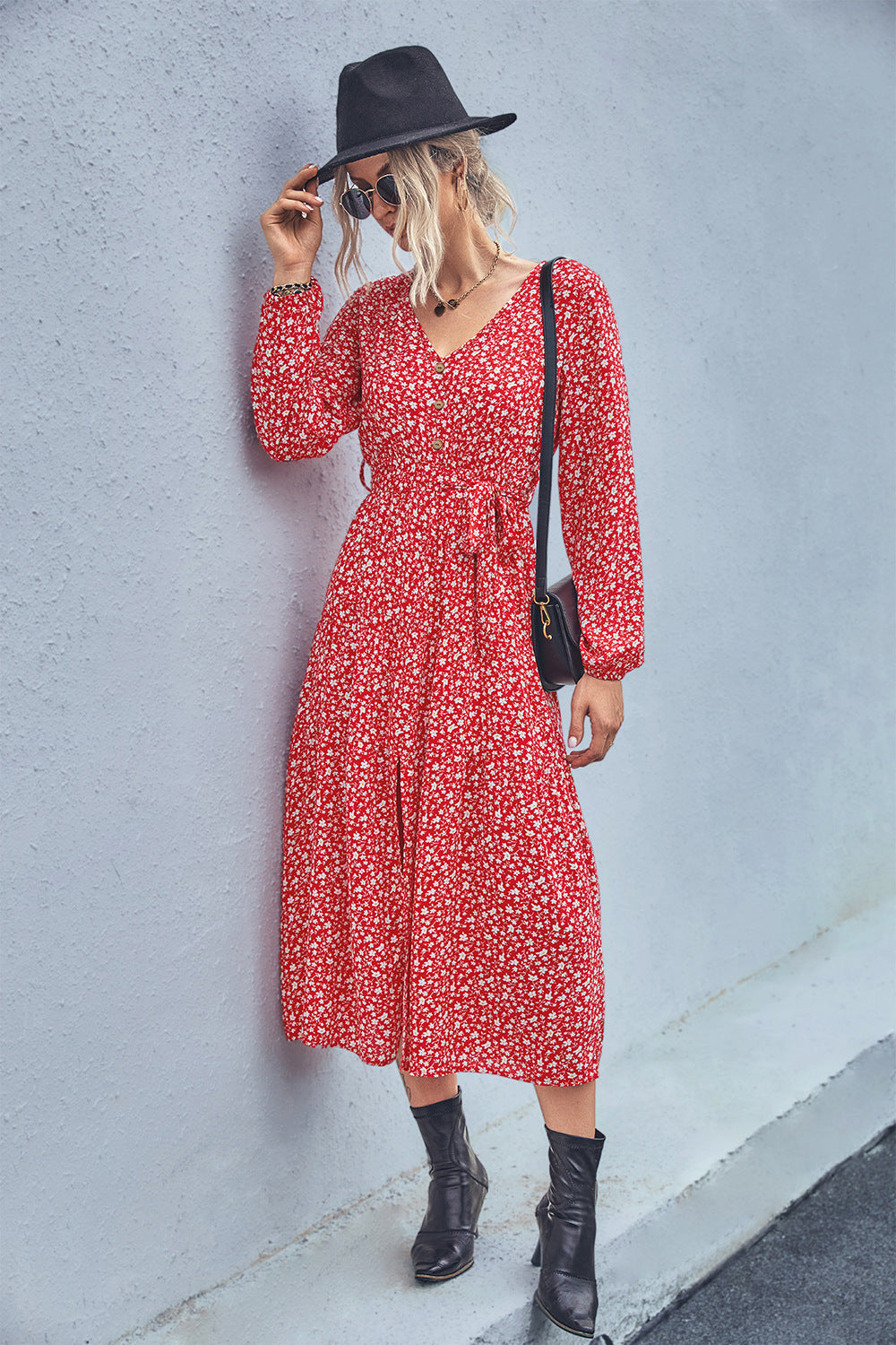 Damen Maxikleid mit elastischem Taillenbund und floralen Mustern R&B