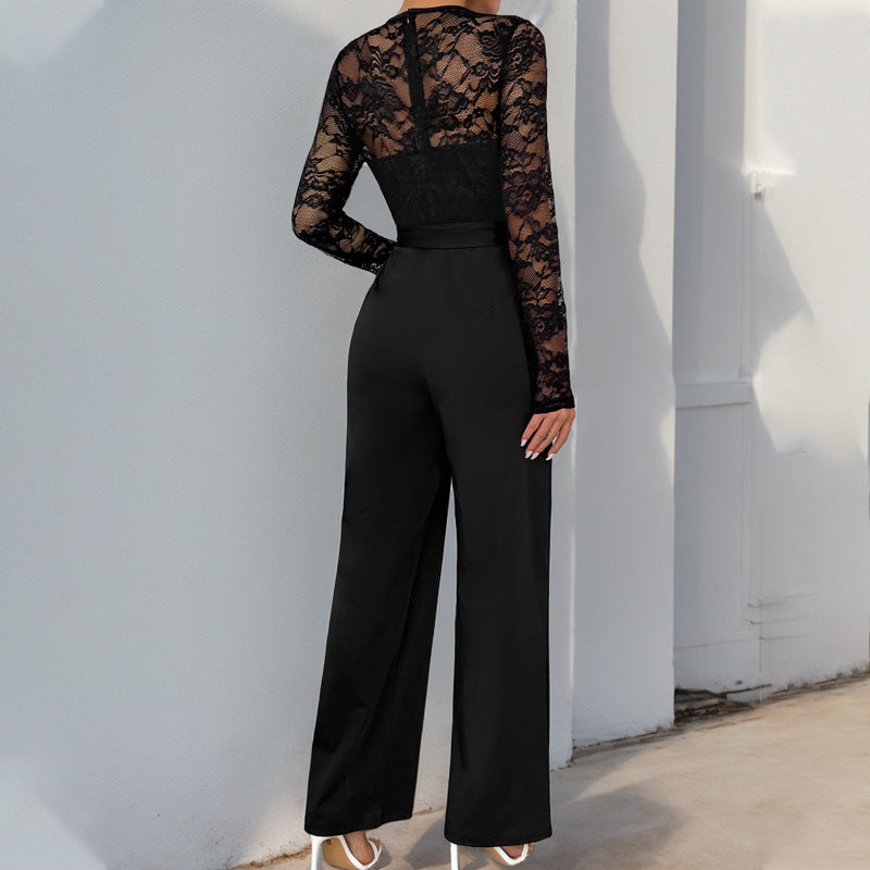 Damen Eleganter Jumpsuit mit Spitzenoberteil und tailliertem Bund R&B