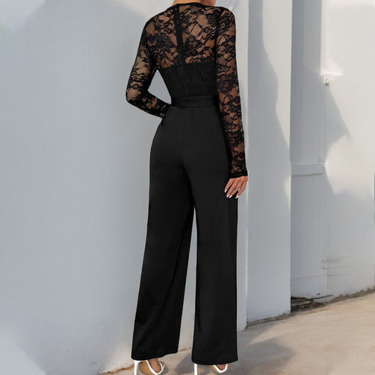 Damen Eleganter Jumpsuit mit Spitzenoberteil und tailliertem Bund R&B
