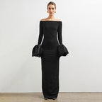 Damen Elegantes Langarm-Maxikleid mit Off-Shoulder-Ausschnitt und Rüschendetails EB