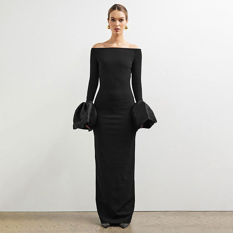 Damen Elegantes Langarm-Maxikleid mit Off-Shoulder-Ausschnitt und Rüschendetails EB