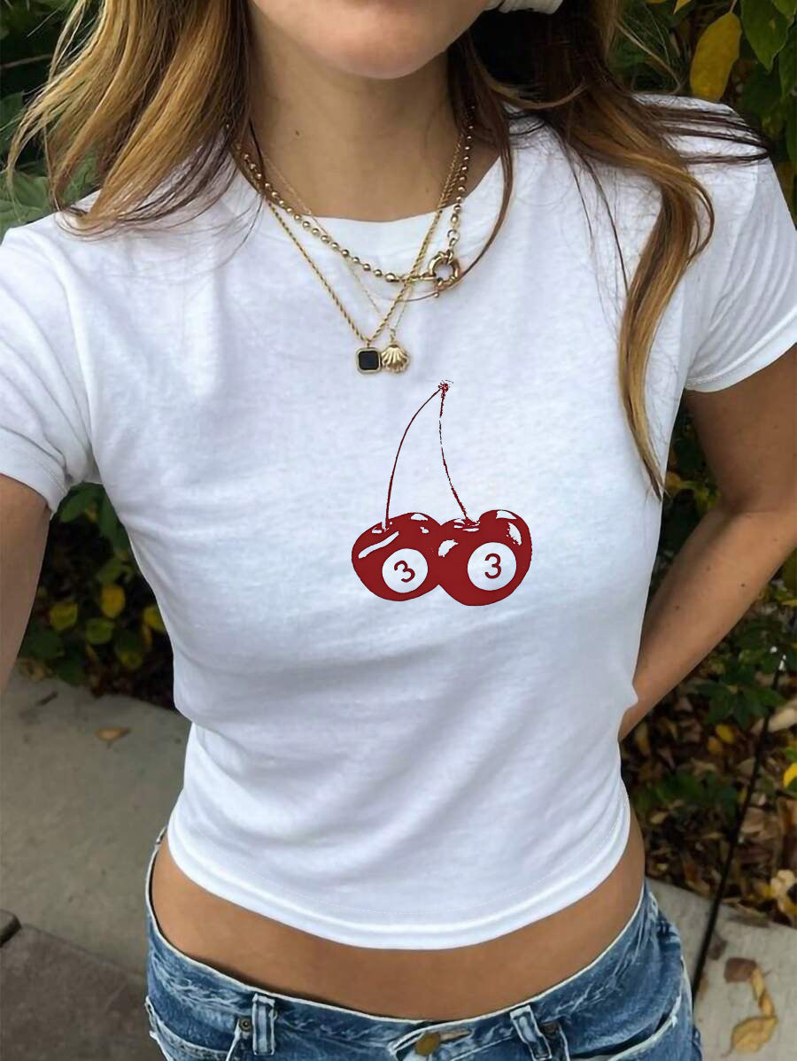 Damen Crop-T-Shirt mit fröhlichem Kirschmotiv und lässigem Schnitt R&B