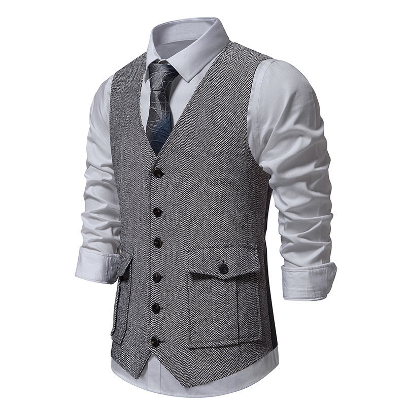 Herren elegante Weste im klassischen Fischgrätmuster mit praktischen Taschen R&B