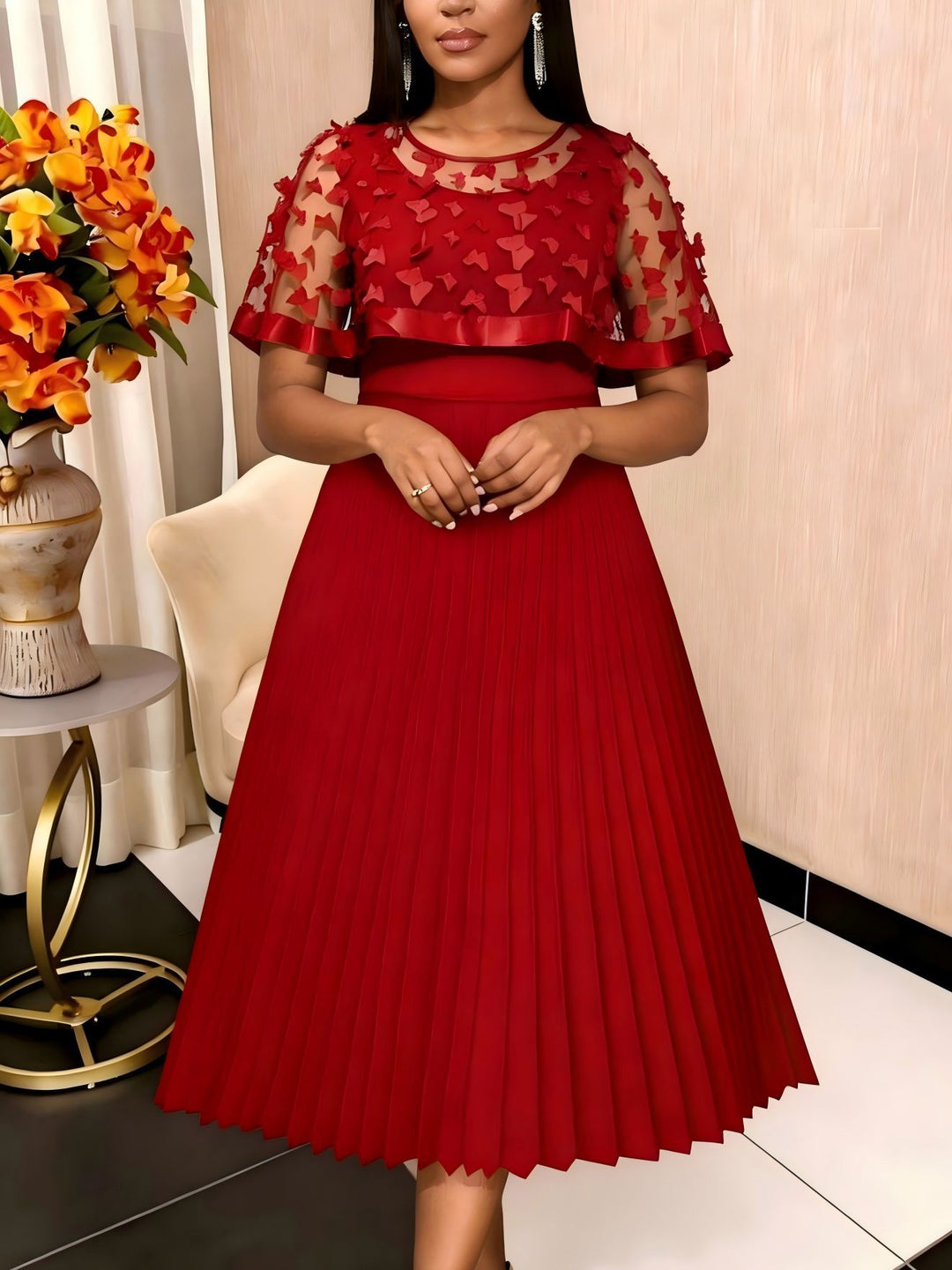 Damen elegantes Abendkleid mit plissiertem Rock und transparenten Puffärmeln R&B