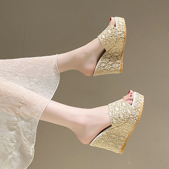 Damen Wedge-Pantoletten mit elegantem Glitzermuster und rutschfester Sohle R&B
