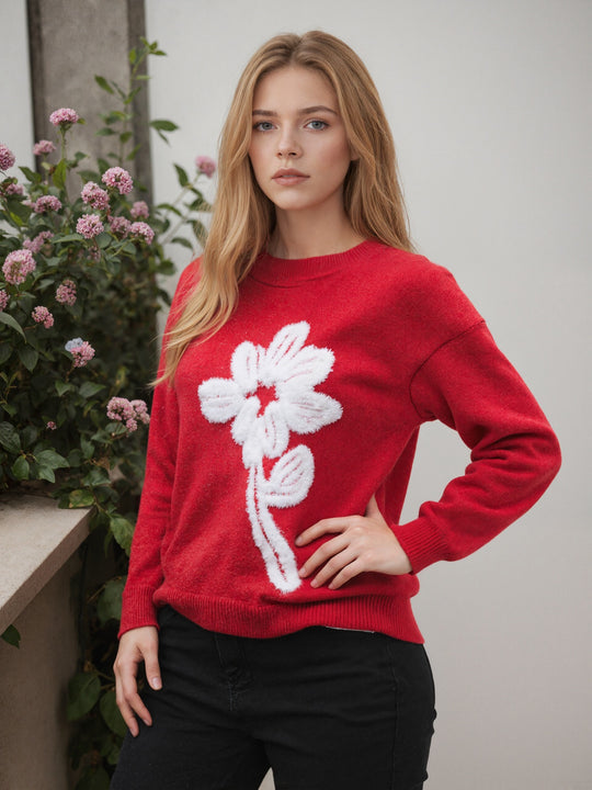 Damen Pullover mit floralem Reliefmuster und weichem Material R&B