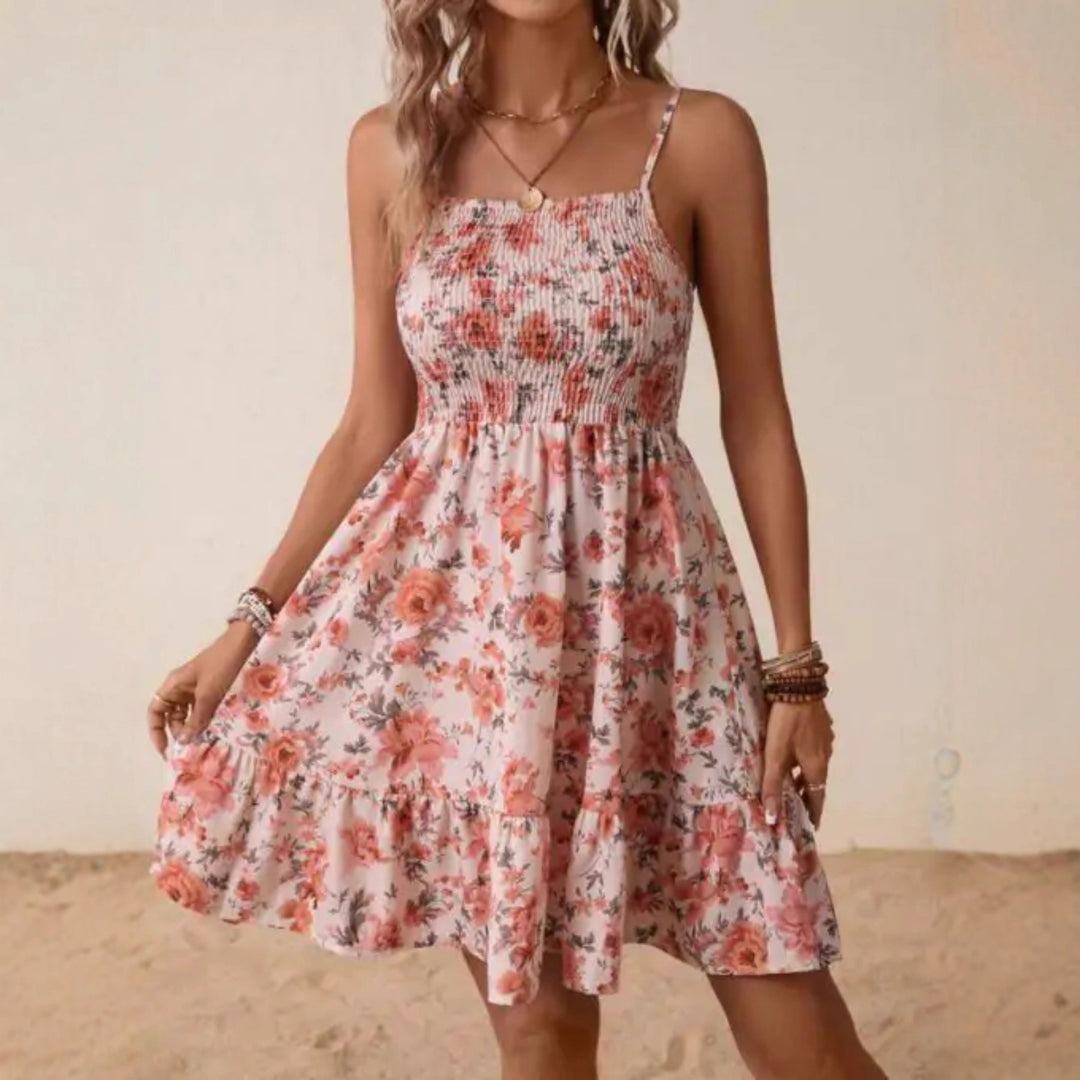 Damen Floral Sommerkleid mit schwingendem Rock und Spaghetti-Trägern R&B