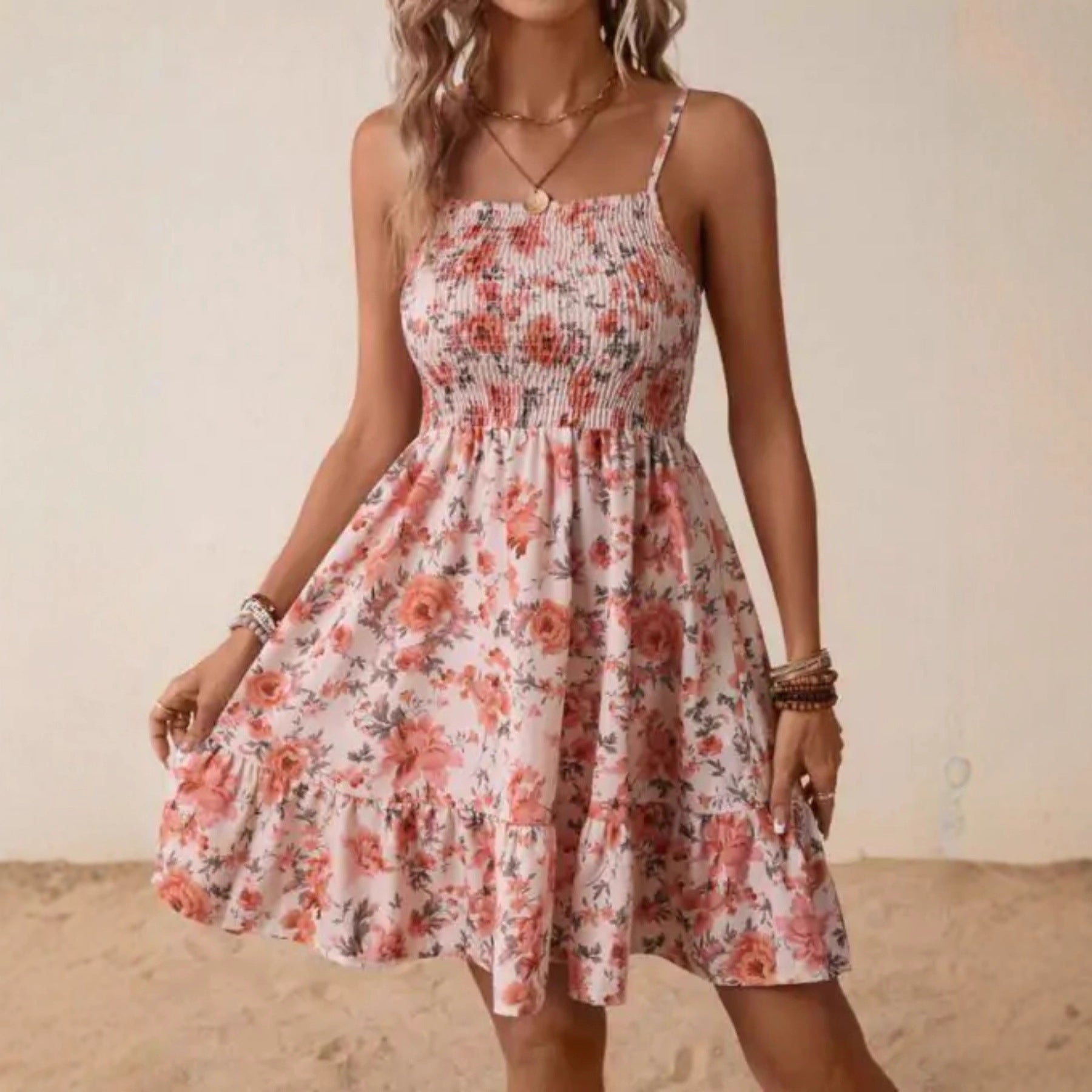 Damen Floral Sommerkleid mit schwingendem Rock und Spaghetti-Trägern R&B