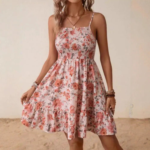 Damen Floral Sommerkleid mit schwingendem Rock und Spaghetti-Trägern R&B