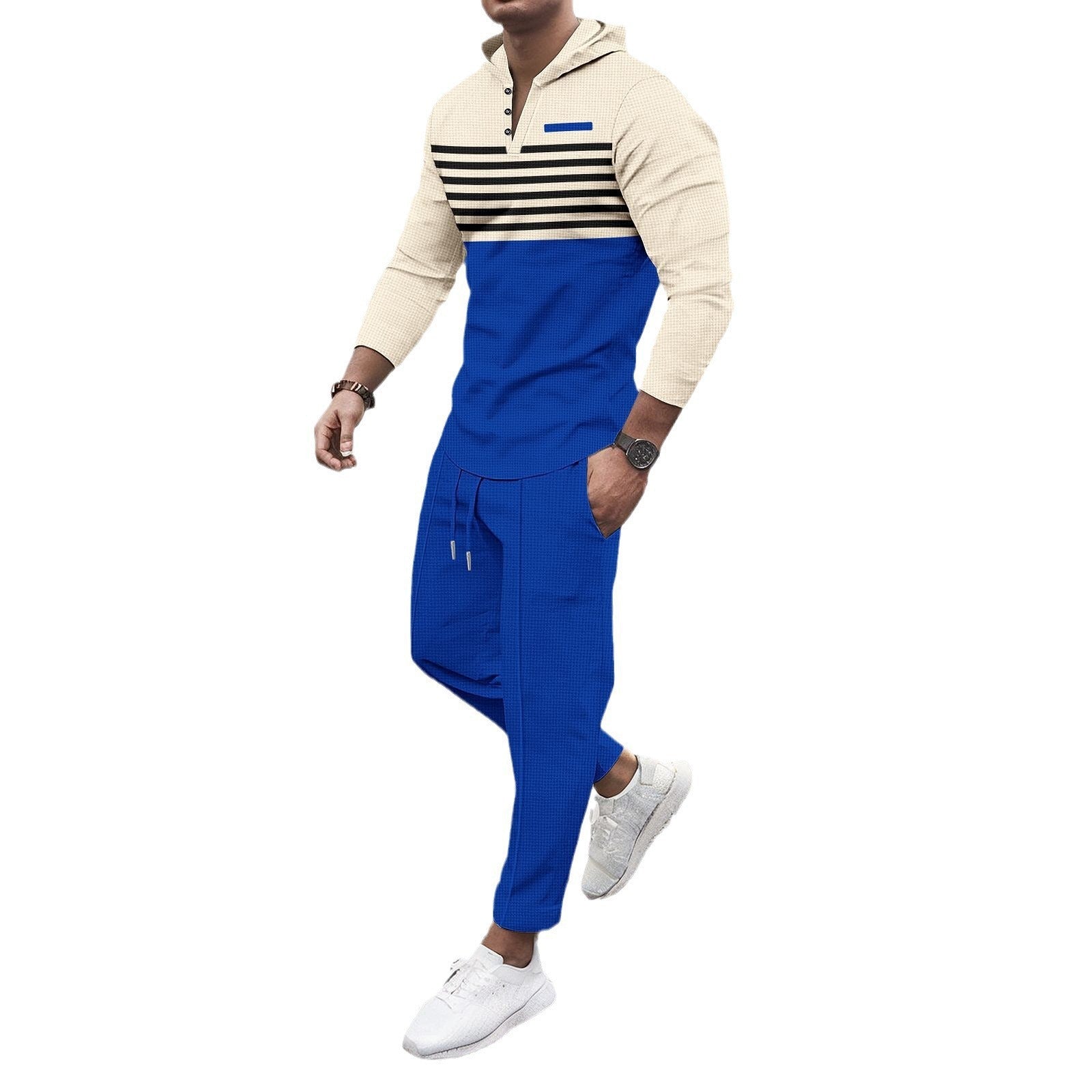 Herren nan urbanes Kapuzen-Henley Freizeitset mit Streifenpasse und gekürzter Joggerhose R&B