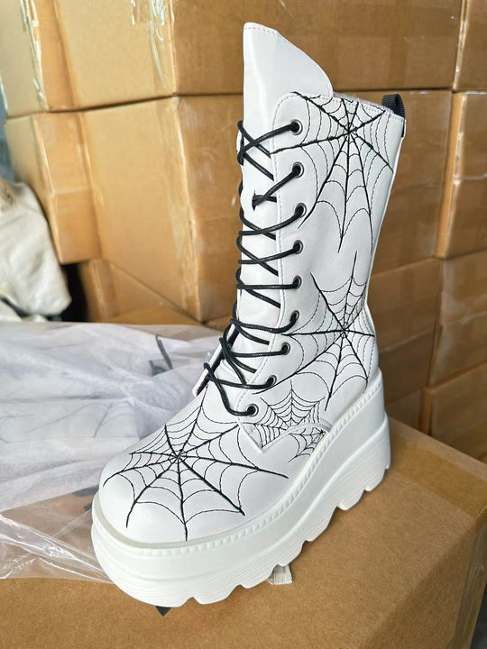 Damen High-Top Stiefel mit modischem Spinnen-Netz-Design und komfortabler Plateausohle R&B