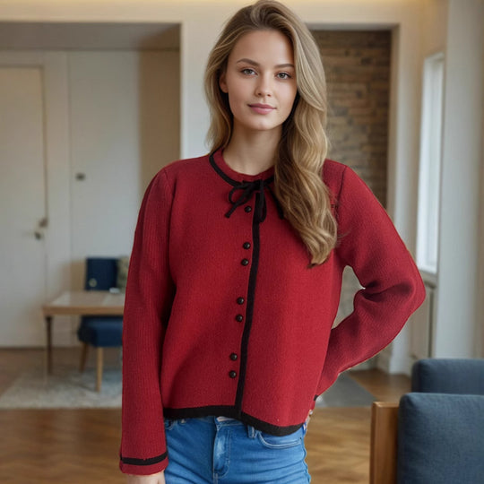 Damen kuschelige Strickjacke mit dekorativen Knopfdetails und Bindeverschluss R&B