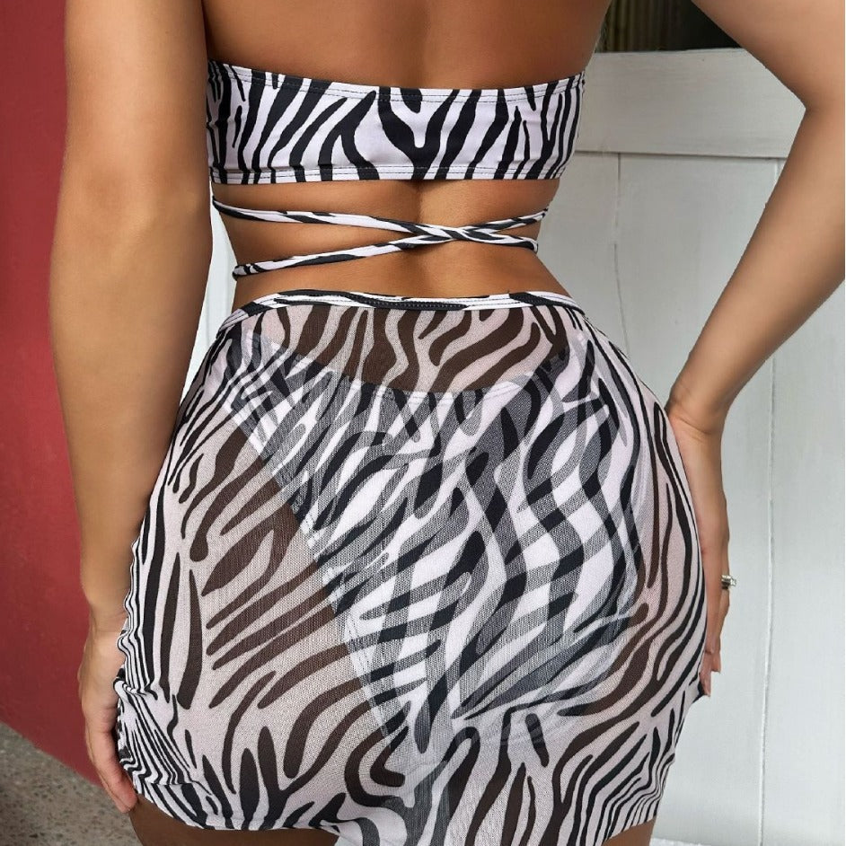 Damen Triangel-Bikini-Set mit transparentem Wickelrock und animalischem Muster R&B