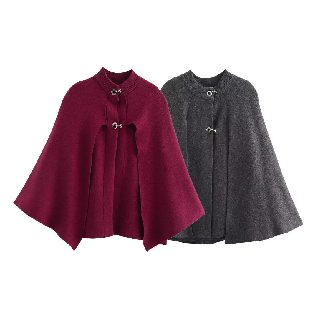 Damen modische Umhangjacke mit elegantem Stehkragen und dekorativen Knopfdetails R&B