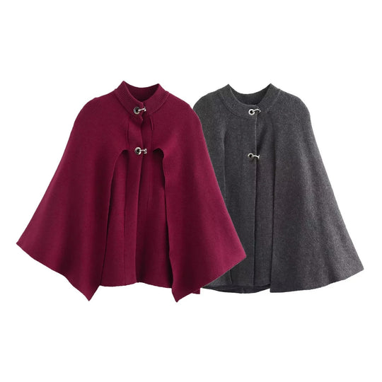 Damen modische Umhangjacke mit elegantem Stehkragen und dekorativen Knopfdetails R&B