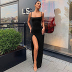 Damen Elegantes Maxikleid mit tiefem Seitenschlitz und schmalen Spaghetti-Trägern R&B