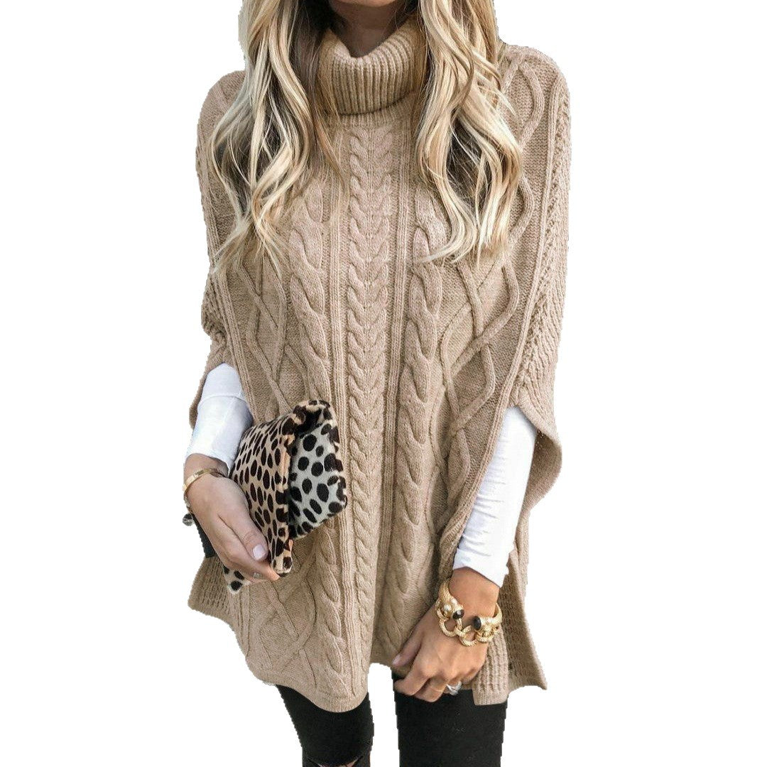 Damen Strickponcho mit hohem Kragen und dekorativem Zopfmuster R&B