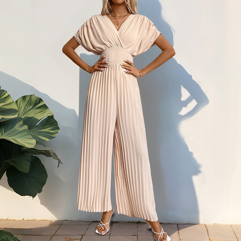 Damen Eleganter Jumpsuit mit hohem V-Ausschnitt und schwingenden Beinen R&B