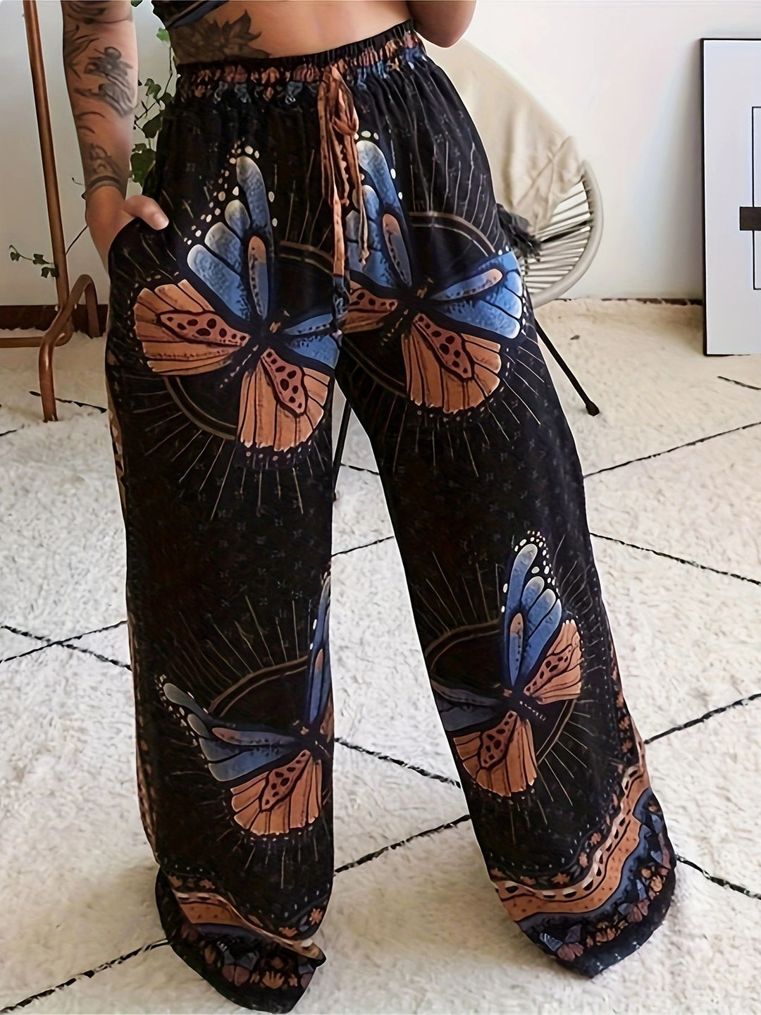 Damen Weite Palazzo-Hose mit buntem Schmetterlingsdruck und elastischem Bund R&B