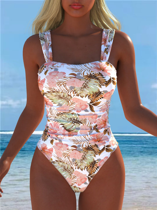 Damen Einteiliger Badeanzug mit floralen Akzenten und breiten Trägern R&B