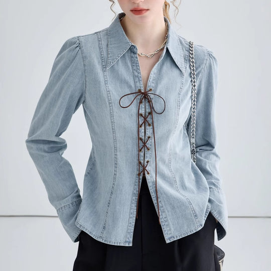 Damen Jeansbluse mit verspielten Schnürdetails und elegantem Schnitt R&B