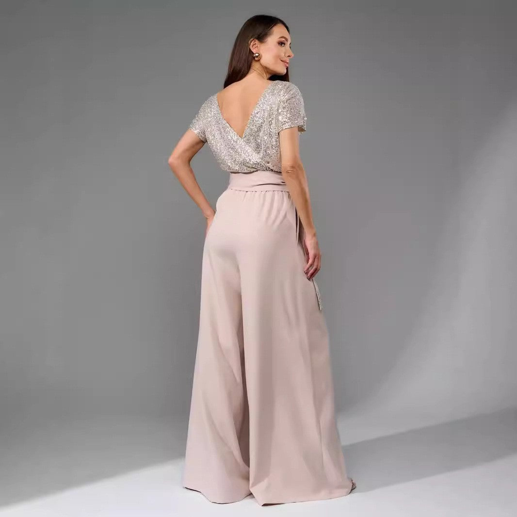 Damen Glitzernder Jumpsuit mit weitem Bein und Taillengürtel R&B