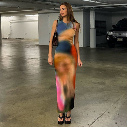 Frauen Abstract Print Bodycon Maxi Kleid R&B