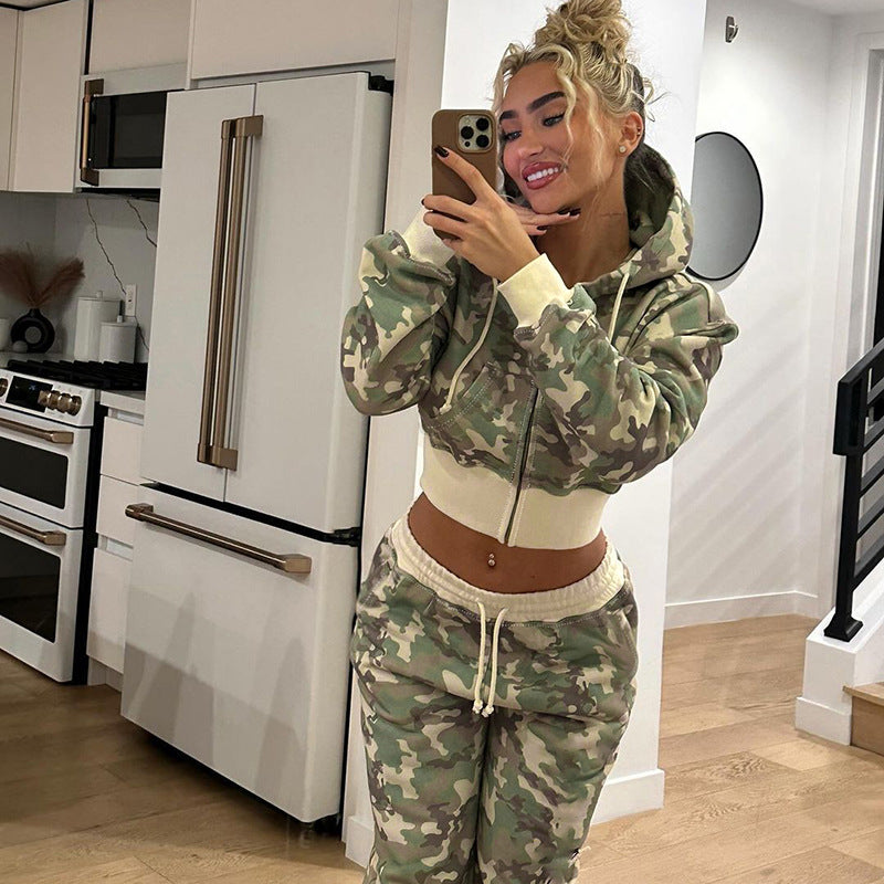 R&B | Unformal Kontrastfarbe Gesamt Hoodie Langarm Sweatshirt Hose Zwei Teile Camouflage Strickjacke Hose Set