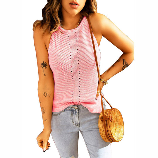 Damen ärmelloses Stricktop mit Rippstruktur und dekorativem Lochmuster R&B
