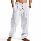 Herren nan lockere Bundfaltenhose im Leinenlook mit Elastik-Tunnelzug, Zierknopf-Blende und tiefen Eingrifftaschen R&B