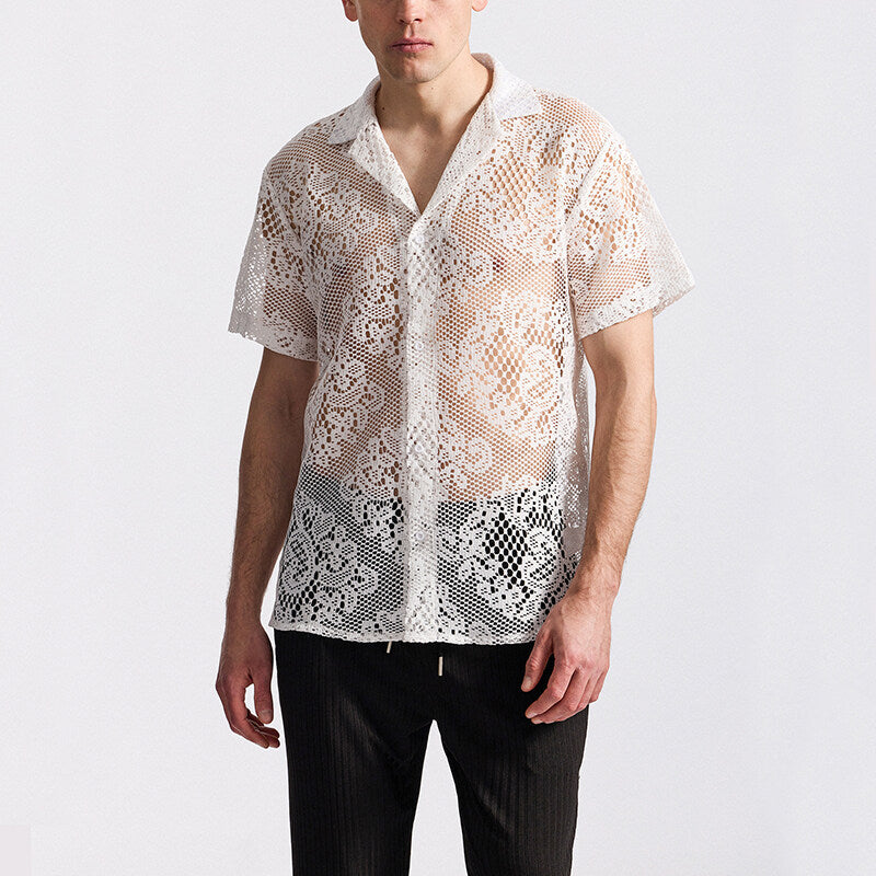 Herren Designer-Hemd aus transparentem Häkelmaterial mit floralem Muster R&B