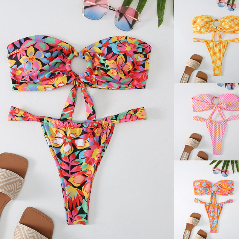 Damen Bandeau Bikini mit kreativem Raffungseffekt und verspieltem Design R&B