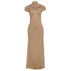 Damen Elegantes Maxikleid mit hochgeschlossenem, drapiertem Kragen R&B