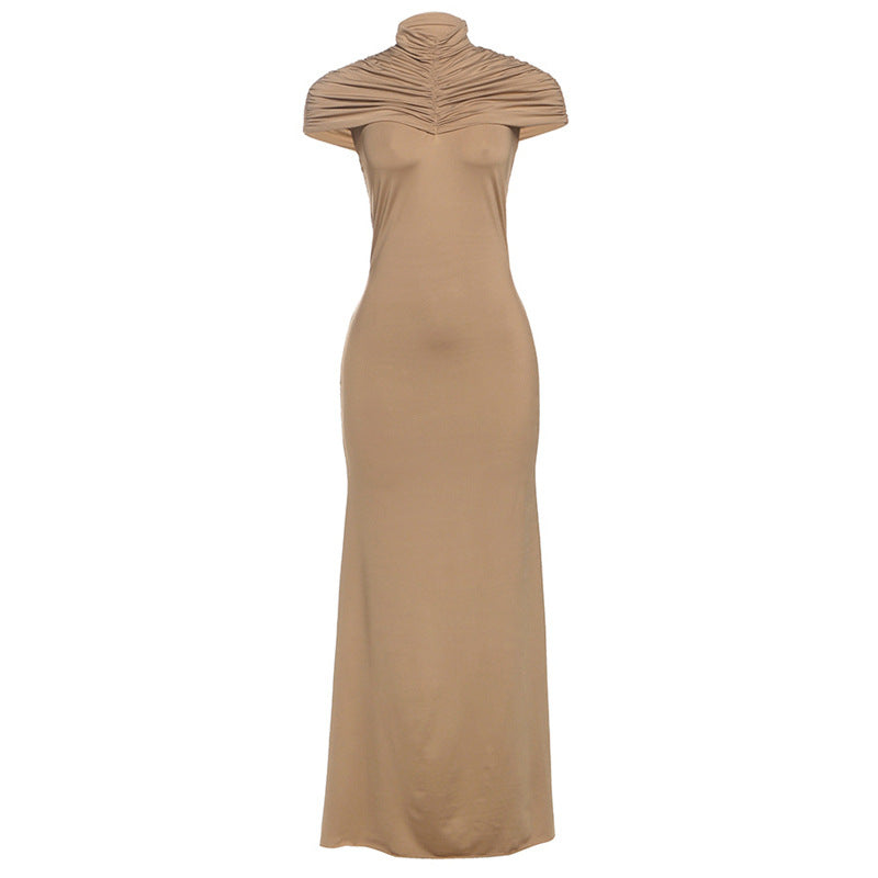 Damen Elegantes Maxikleid mit hochgeschlossenem, drapiertem Kragen R&B