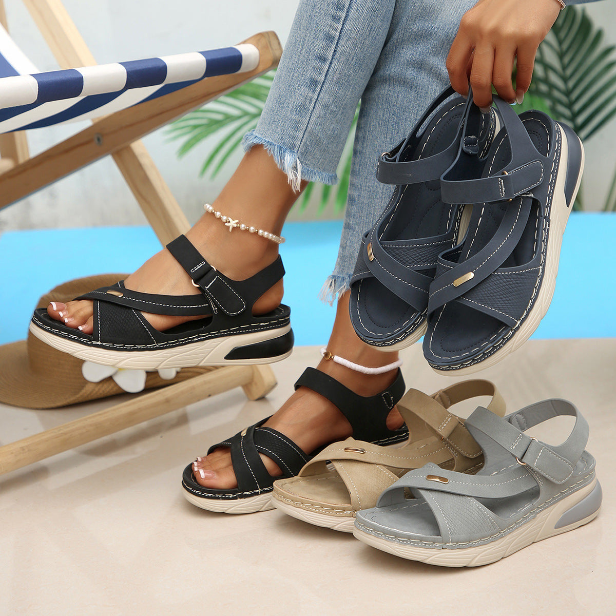 Damen Komfortable Riemchensandalen mit atmungsaktiver Sohle R&B