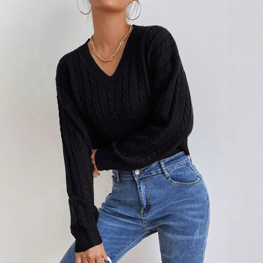Damen Grobstrickpullover mit V-Ausschnitt und voluminösen Ärmeln R&B