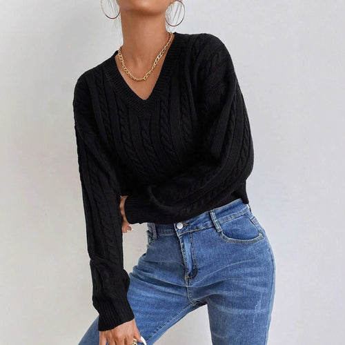 Damen Grobstrickpullover mit V-Ausschnitt und voluminösen Ärmeln R&B